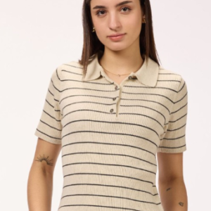 Beige and black regular fit t-shirt Women Striped Regular Fit Polo T-Shirt