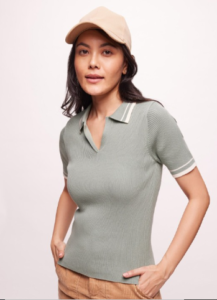 Women Ribbed Solid Polo T-shirt with Contrast Tipping